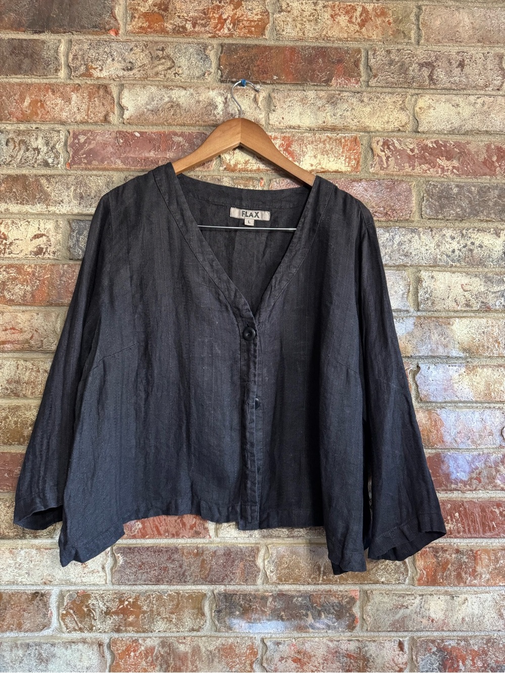 Flax Black Linen Button-Front V-Neck Relaxed Top